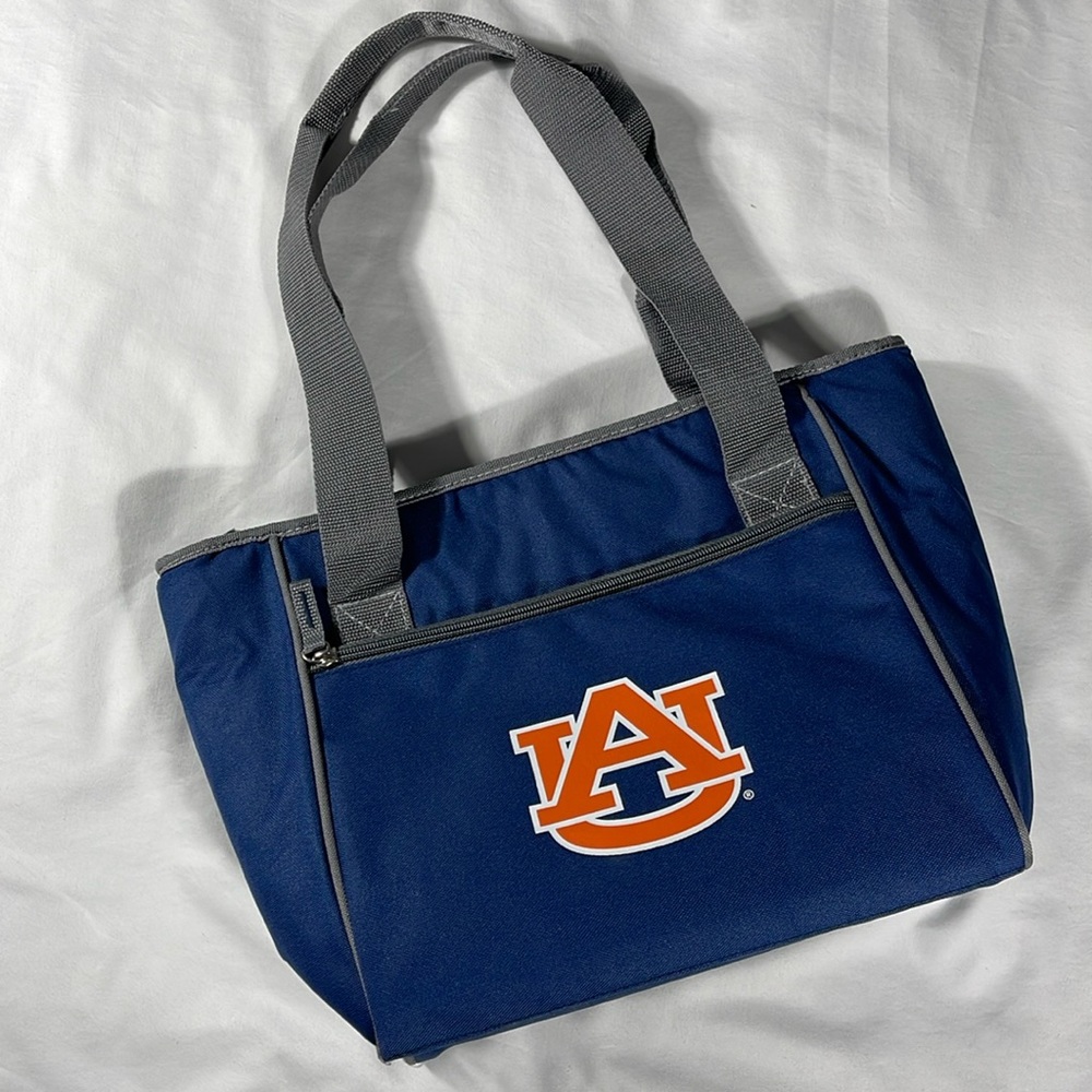 Logobrands blue crosshatch Auburn University 16 can cooler tote with AU logo
